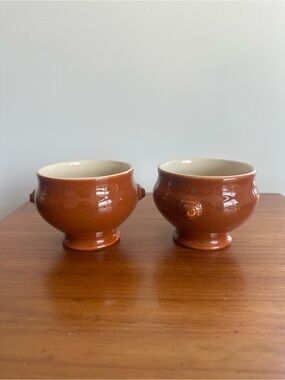 EMILE HENRY | VINTAGE TETE DE LION BOWLS | SET OF 2 BROWN | OVEN SAFE | EUC